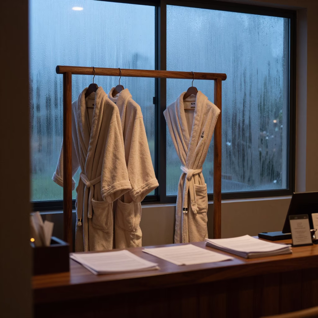 Spa Robe Divider Rack Before Dawn Service in at a reception desk under warm light in Pucallpa