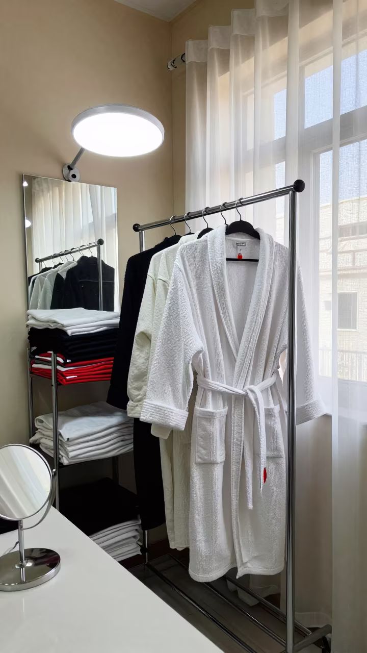 Spa Robe Size Sorter Under Task Light in in a beauty supply area under white LEDs in Basra