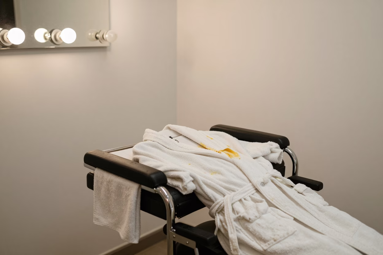 Spa Robe Sorter Under Barber Station Light in at a barber station beneath mirror bulbs in Alexandria