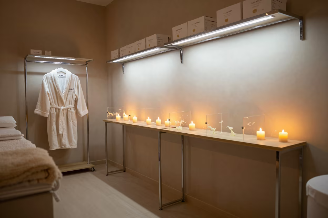 Spa Robe Sorter Under Warm Task Light in in a beauty supply area under white LEDs in Kırıkkale