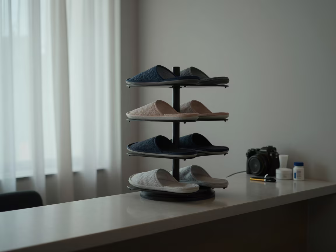 Spa Slipper Rack at Arua Salon Reception in at a salon reception counter in Arua