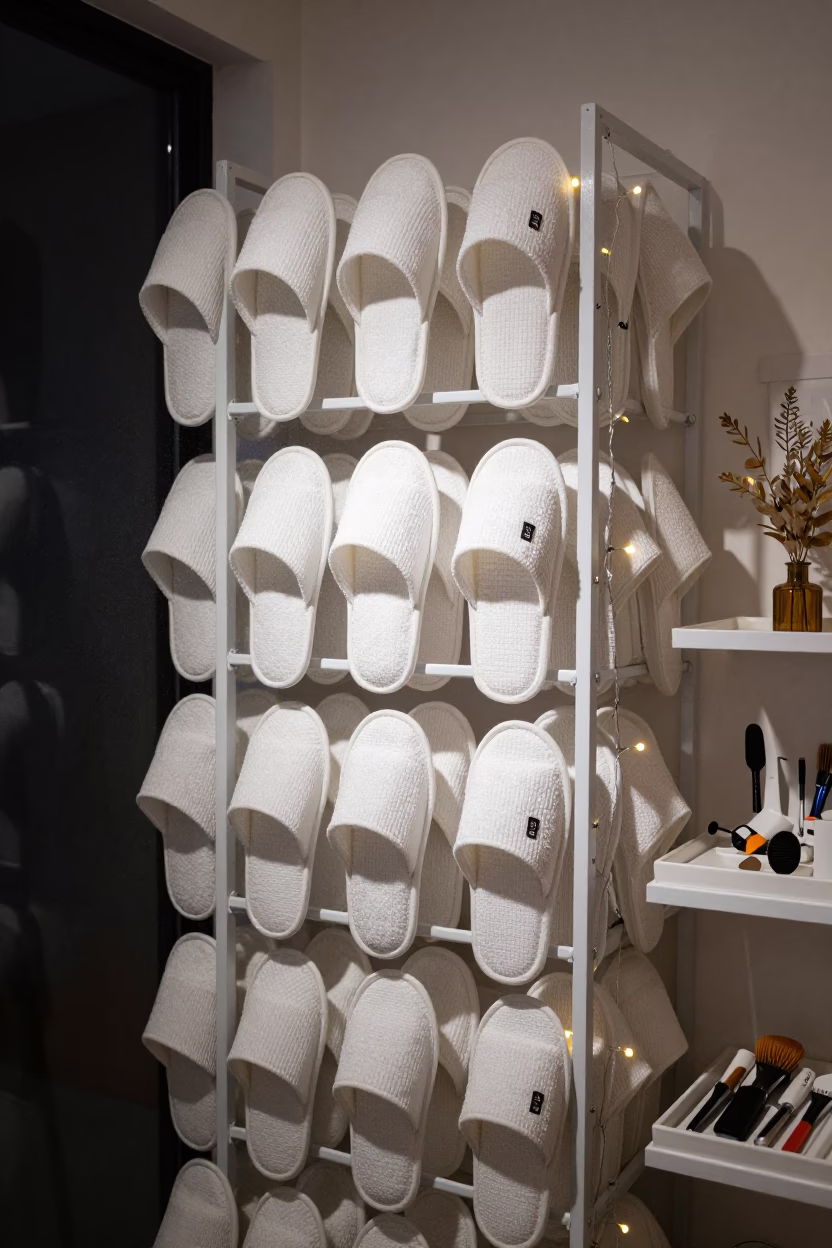 Spa Slipper Rack in Midnight Glow Near Kerman in in a beauty supply area under white LEDs near Kerman