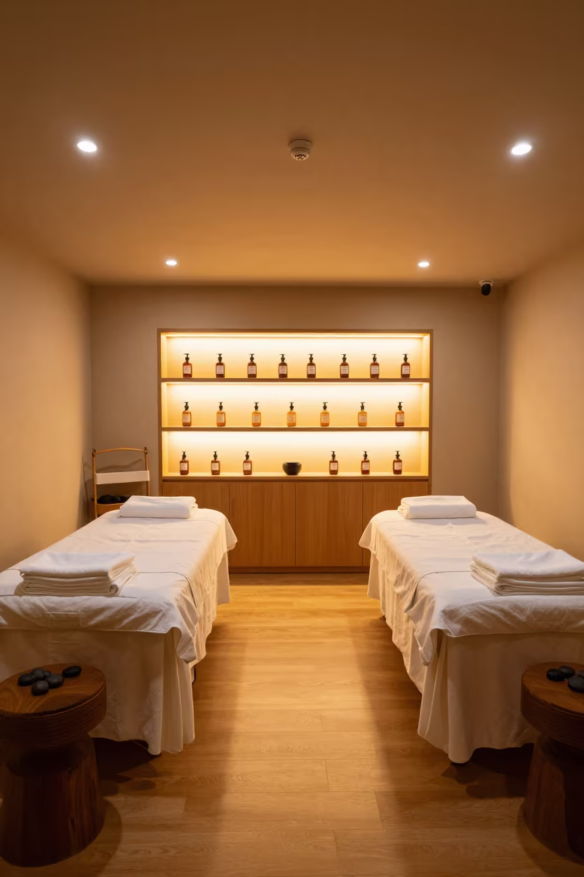 Spa Suite with Amber Sunset Light and Polished Surfaces in in a beauty supply area under white LEDs in Okinawa