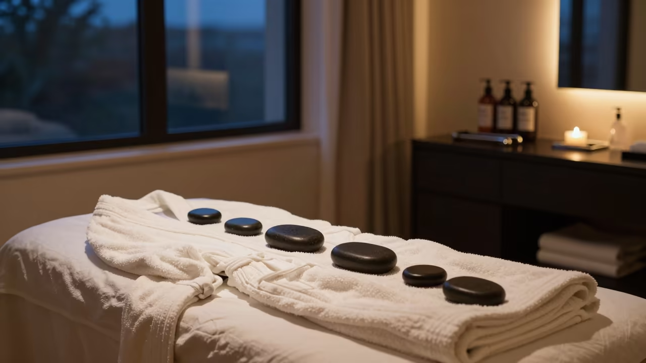Spa Suite with Folded Robes and Warm Stones in inside a nail studio in Divo