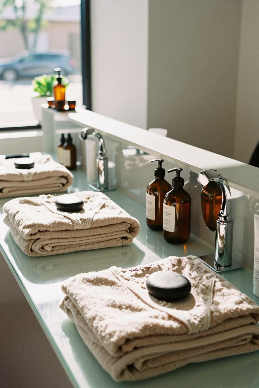 Spa Suite Robes Stones Bottles El Paso Salon in at a salon reception counter in El Paso