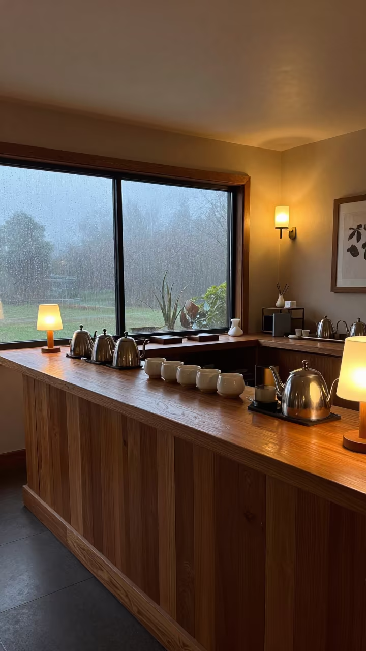 Spa Tea Counter Reset in El Alto Rain in at a reception desk under warm light in El Alto