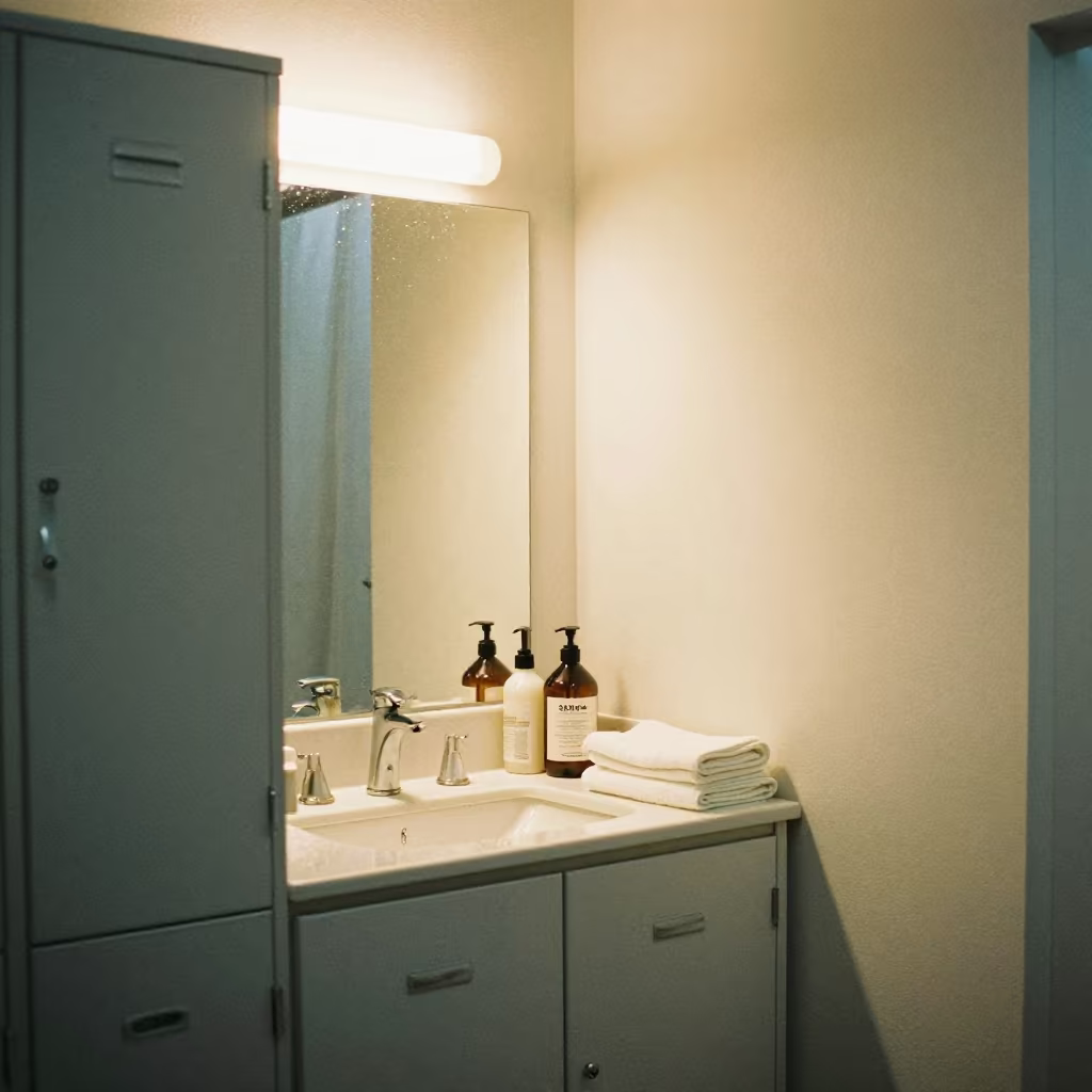 Spa Vanity Under Dawn Monsoon Light in Sarh in in a beauty supply area under white LEDs in Sarh