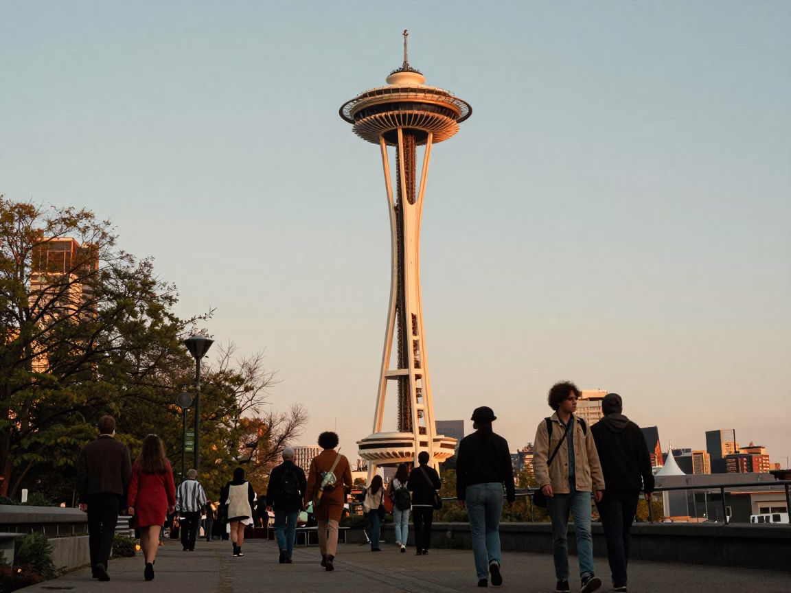 Space Needle in Seattle at Honeyed Evening Light in in Seattle, Washington, United States