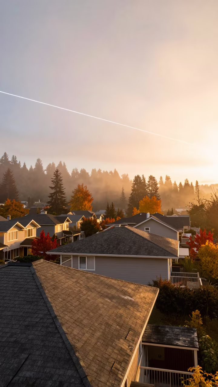 Space Station Line Over Vancouver Rooftops at Sunset in near Strathcona, Vancouver