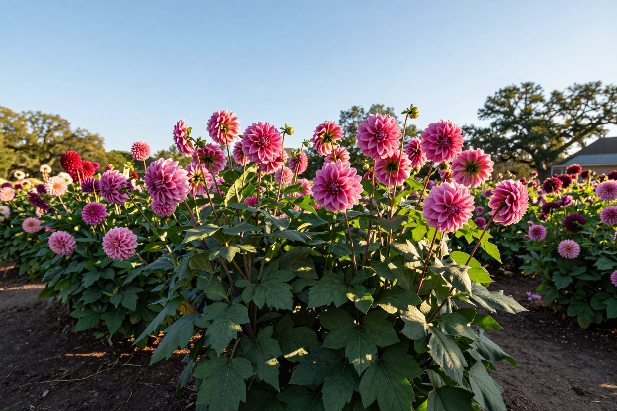 Spacious New Orleans Garden Dangling with Pink Dahlia Blooms in Late Afternoon Sunlight in in New Orleans, Louisiana, United States