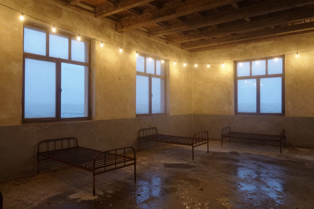 Spanish Barracks Hall Twilight String Lights in inside a barracks hall with broken windows and drifting dust in Spain