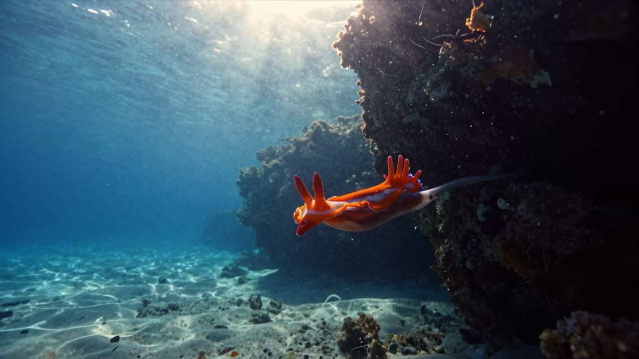 Spanish Dancer Nudibranch Silhouetted Against Reef Light in beside a reef crevice under clear water near Zanzibar