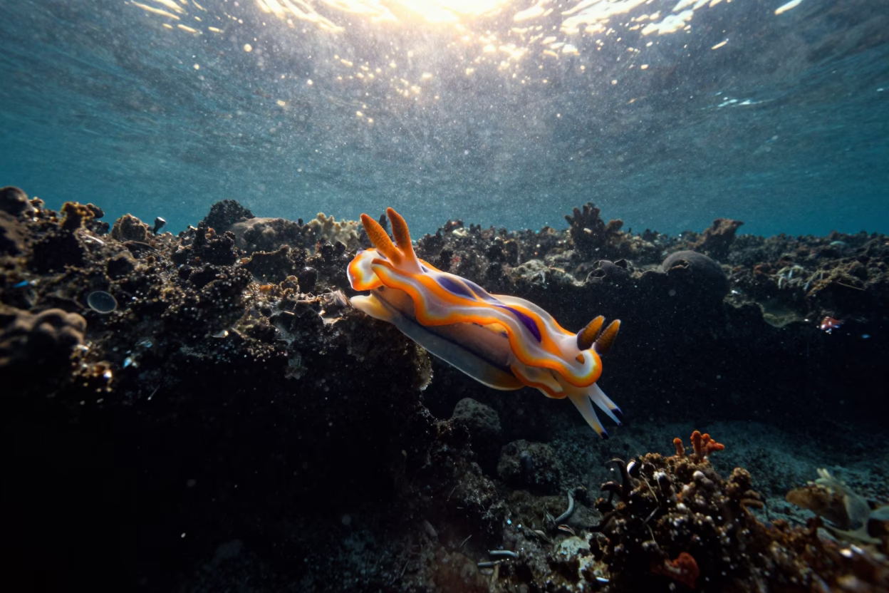 Spanish Dancer Nudibranch Over Zanzibar Reef in beside a volcanic reef overhang near Zanzibar