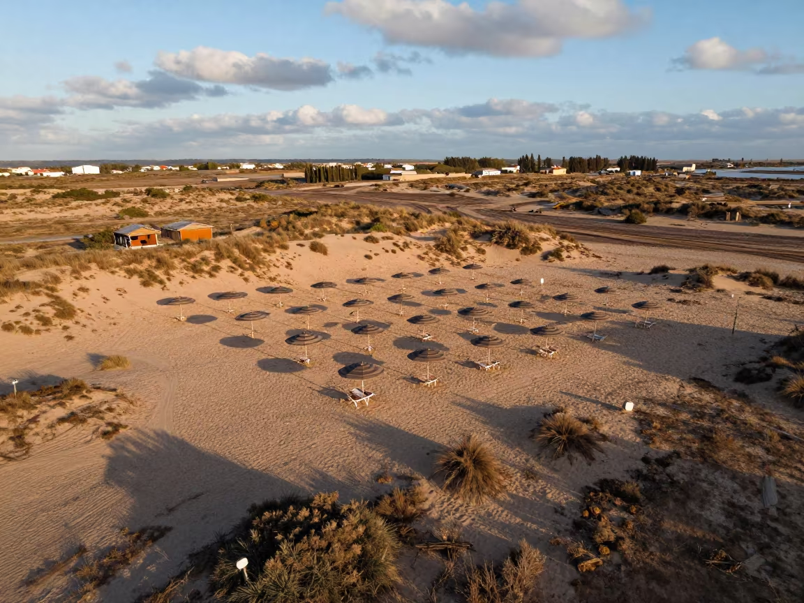 Spanish Dunes Aerial View Beach Umbrellas Sunrise in above dune fields and dry wadis in Spain