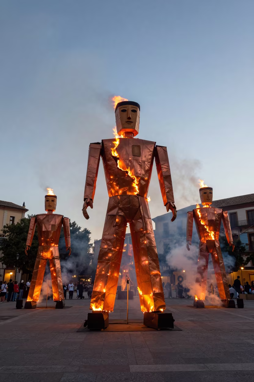 Spanish Fallas Ninot Figures Burning in Hamilton Square in at a public square during a festival in Hamilton