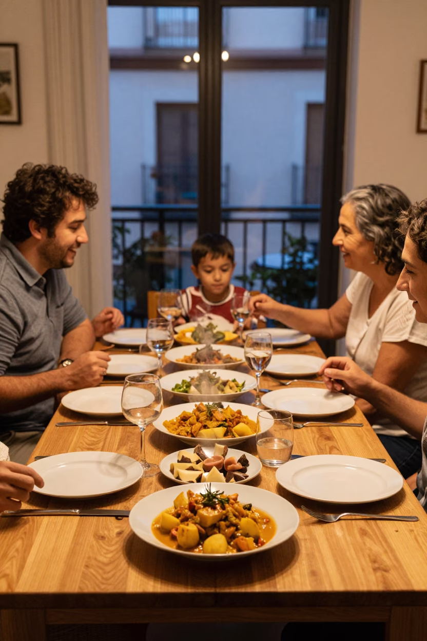Spanish Family Dinner in Madrid Evening Light with Traditional Food and Homey Details in in Madrid, Spain