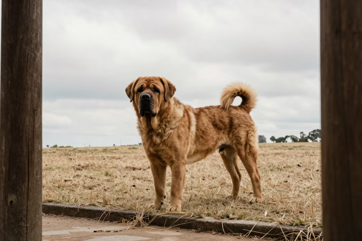 Spanish Mastiff in Early Winter São Paulo Yard in near a garden edge with soft morning light and an uncluttered background near São Paulo