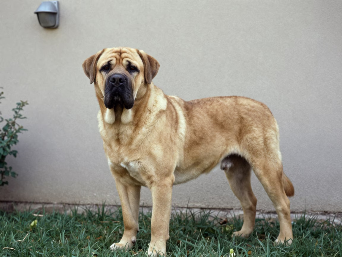 Spanish Mastiff in Kut Courtyard Wall in beside a plain courtyard wall in clear daylight with the animal at eye level in Kut