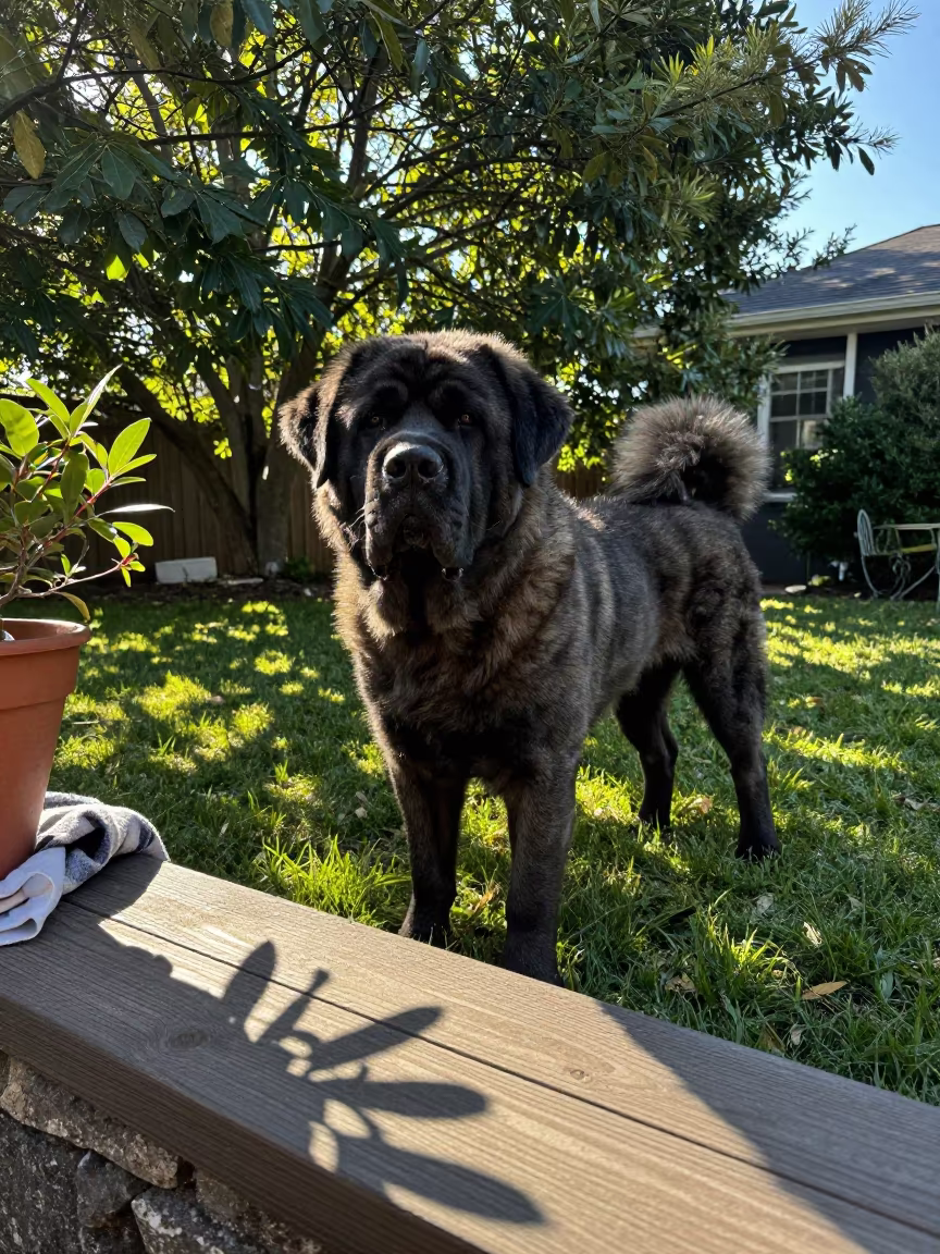 Spanish Mastiff in Syracuse Morning Garden Light in near a garden edge with soft morning light and an uncluttered background in Syracuse
