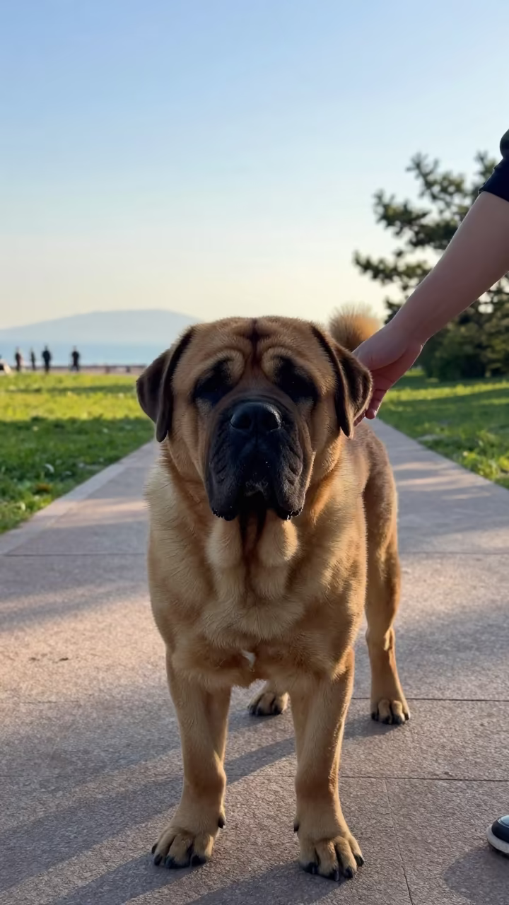 Spanish Mastiff Portrait Along Qingdao Park Path in along a quiet park path with soft open shade and a clean background in Qingdao