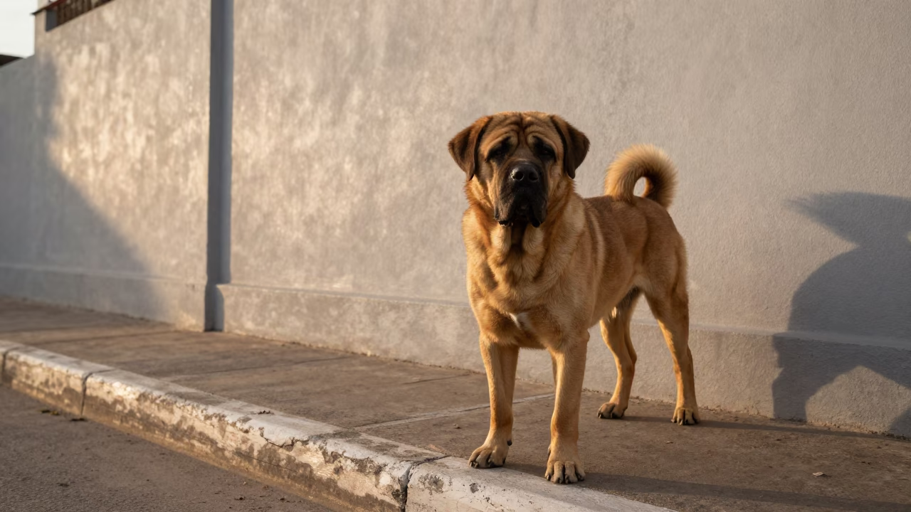 Spanish Mastiff Portrait Beside Luanda Courtyard Wall in beside a plain courtyard wall in clear daylight with the animal at eye level in Luanda