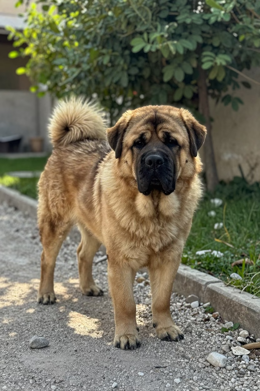 Spanish Mastiff Portrait Garden Edge Morning Light in near a garden edge with soft morning light and an uncluttered background in Qamishli