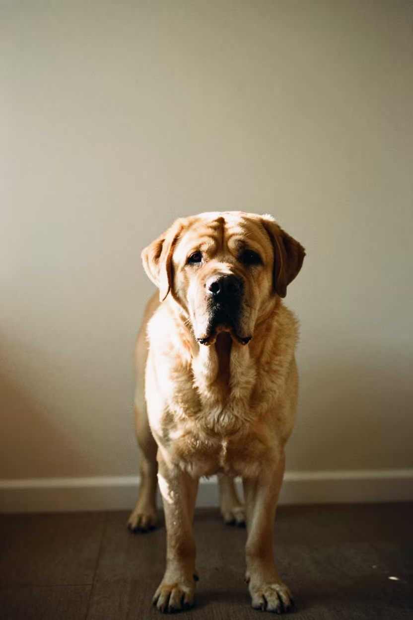 Spanish Mastiff Portrait in Soft Indoor Light in beside a plain plaster wall in soft indoor light with the animal centered in frame in Daejeon