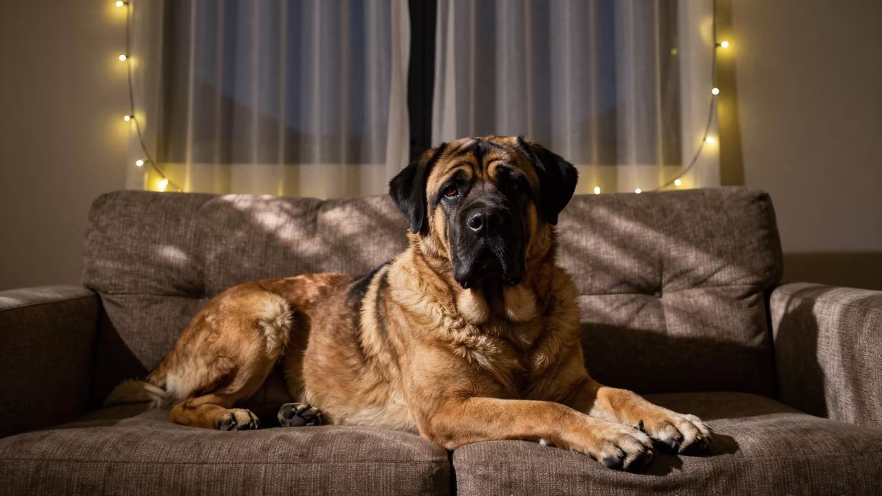 Spanish Mastiff Portrait Near Window at Night in on a sofa near a curtained window with calm indoor light in Bangui