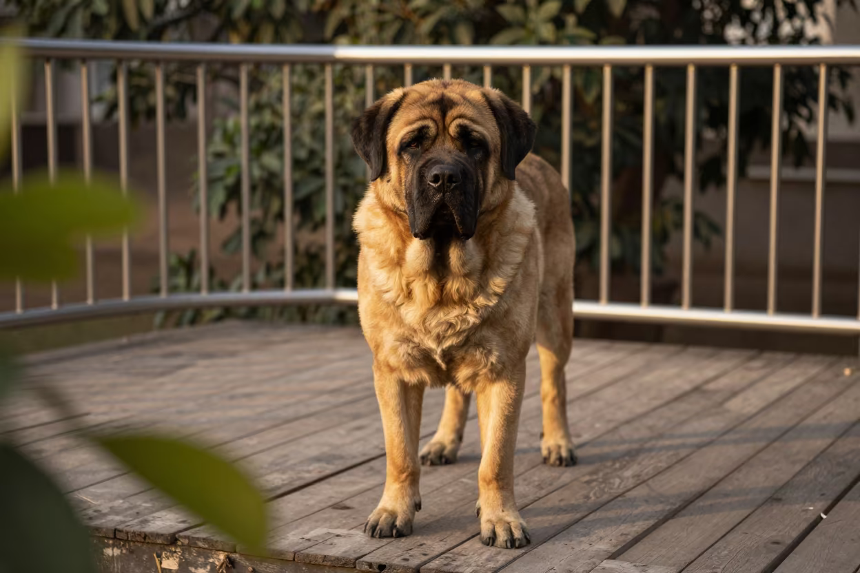 Spanish Mastiff Portrait on Bathinda Porch in on a shaded front porch with boards, railings, and eye-level framing near Bathinda
