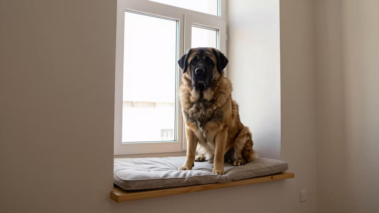 Spanish Mastiff Portrait on Window Seat in Baku in on a cushioned window seat with soft side light and an uncluttered background near Baku