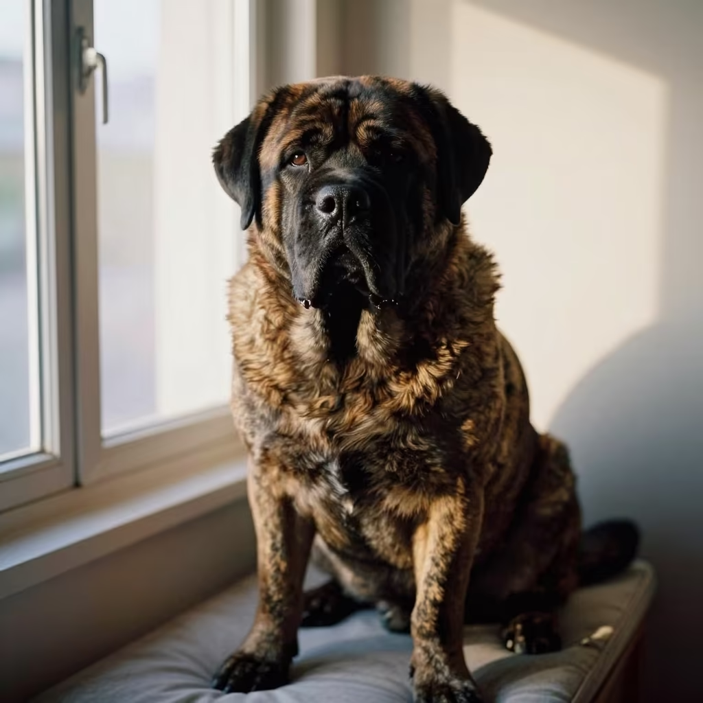 Spanish Mastiff Portrait on Window Seat Malabo in on a cushioned window seat with soft side light and an uncluttered background near Malabo