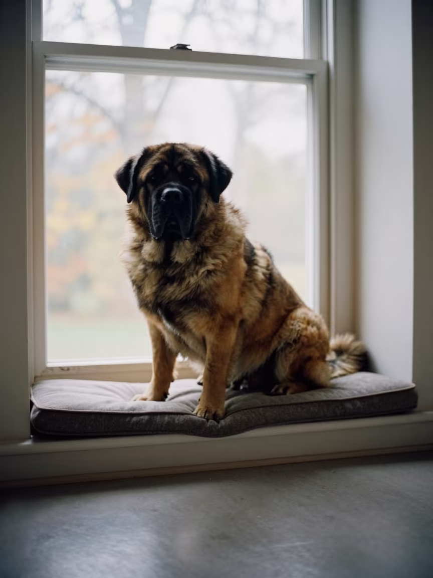 Spanish Mastiff Portrait on Window Seat in on a cushioned window seat with soft side light and an uncluttered background in San Lorenzo