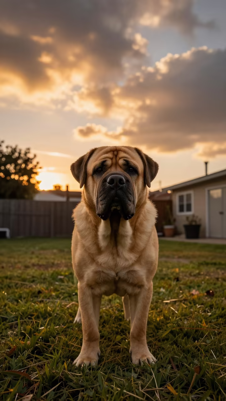 Spanish Mastiff Portrait with Clear Coat Texture in in a small yard with clipped grass, calm light, and the animal centered in frame in Los Angeles