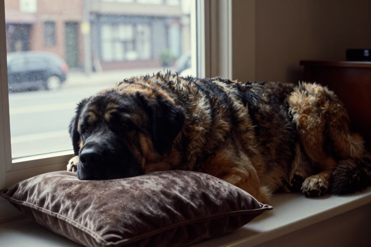 Spanish Mastiff Resting on Apartment Window Seat in on a window seat in a quiet apartment with soft side light in Newport
