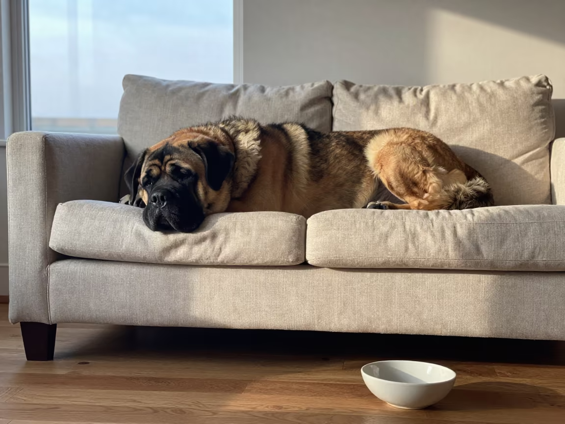 Spanish Mastiff Resting on Linen Sofa in on a linen sofa with daylight from a nearby window in San Luis