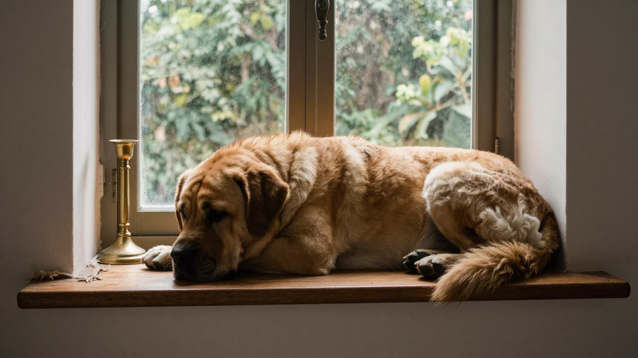 Spanish Mastiff Resting on Manila Window Seat in on a window seat in a quiet apartment with soft side light near Manila