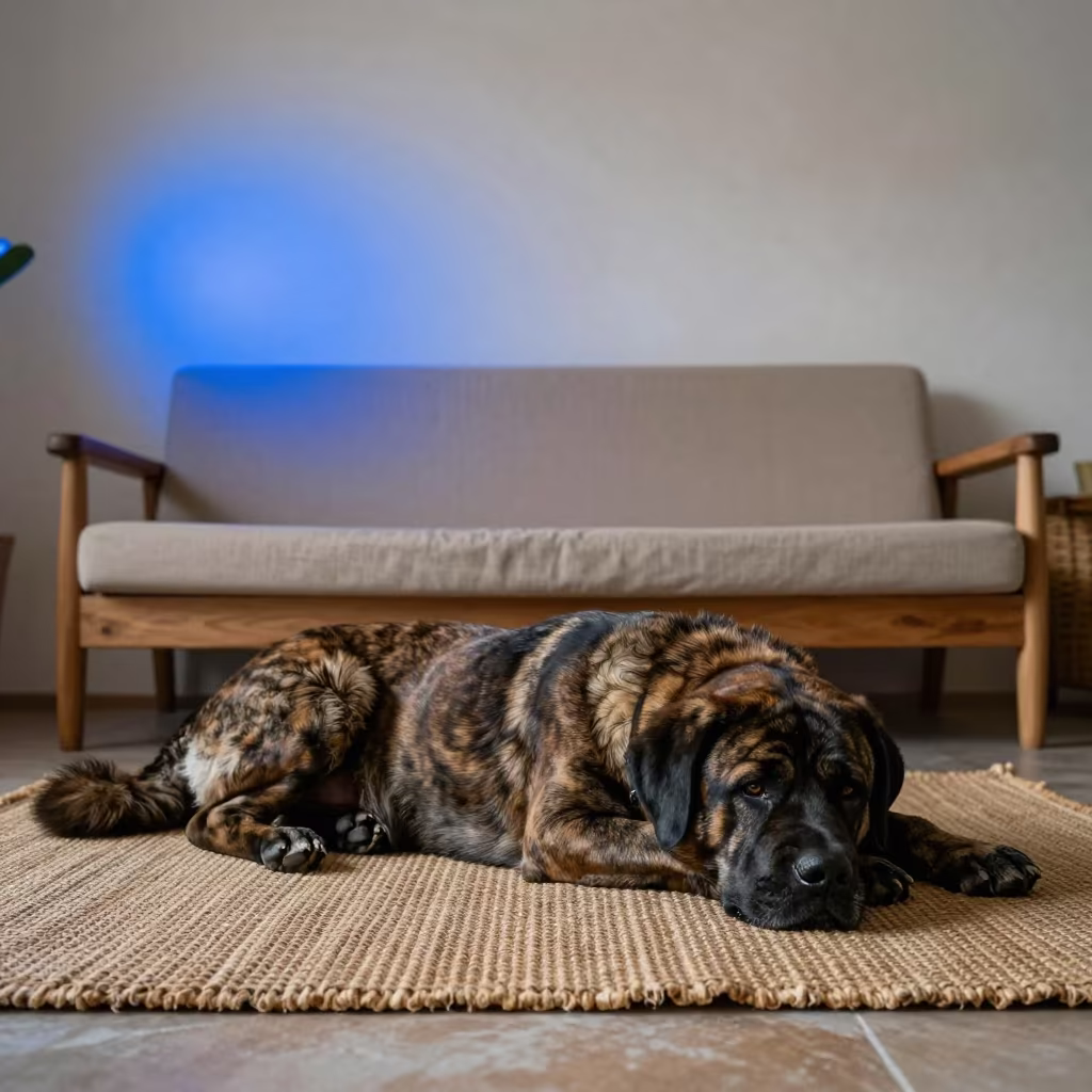 Spanish Mastiff Resting on Rug in Alicante Home in on a woven rug beside a low couch and an uncluttered wall near Alicante