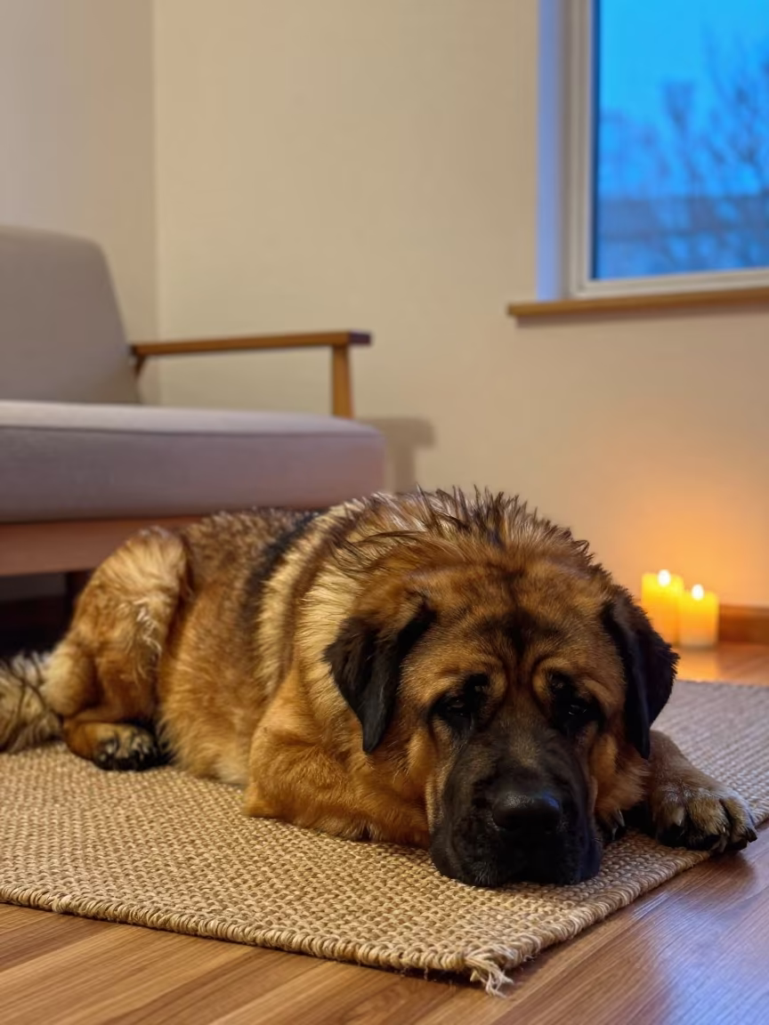 Spanish Mastiff Resting on Rug in Jinan Home in on a woven rug beside a low couch and an uncluttered wall in Jinan