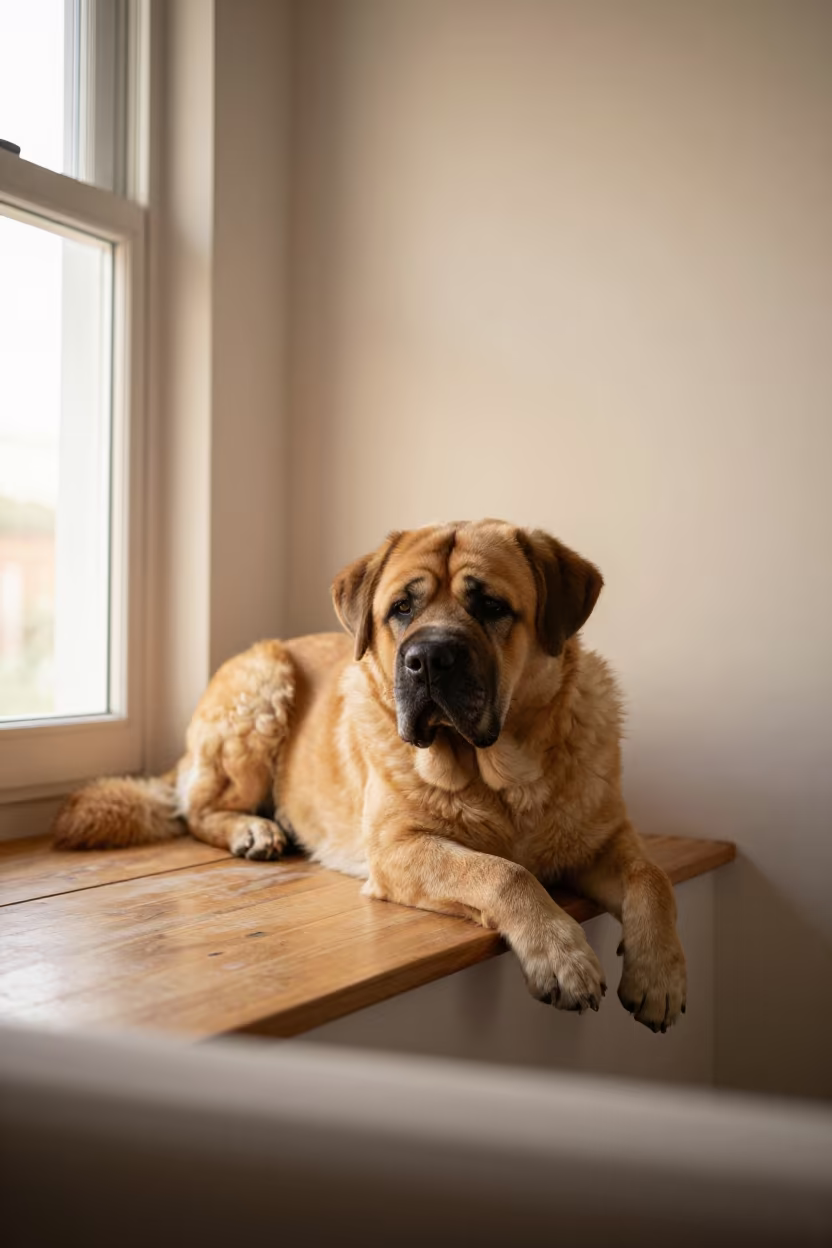 Spanish Mastiff Resting on Window Seat at Dawn in on a window seat in a quiet apartment with soft side light in El Calafate