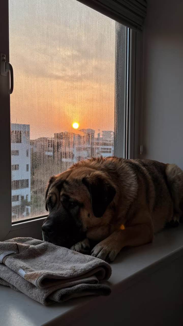 Spanish Mastiff Resting on Window Seat at Sunset in on a window seat in a quiet apartment with soft side light near Navi Mumbai