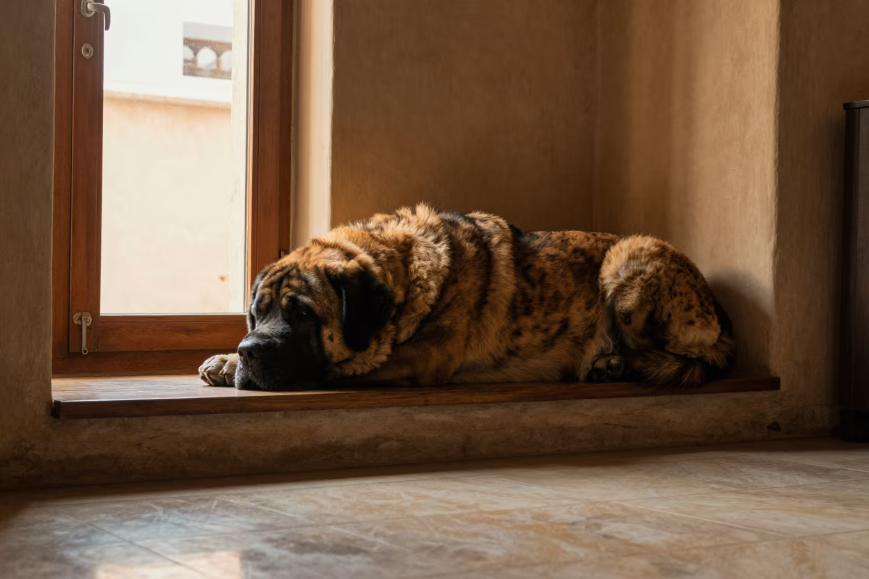 Spanish Mastiff Resting on Window Seat in on a window seat in a quiet apartment with soft side light in Hassan