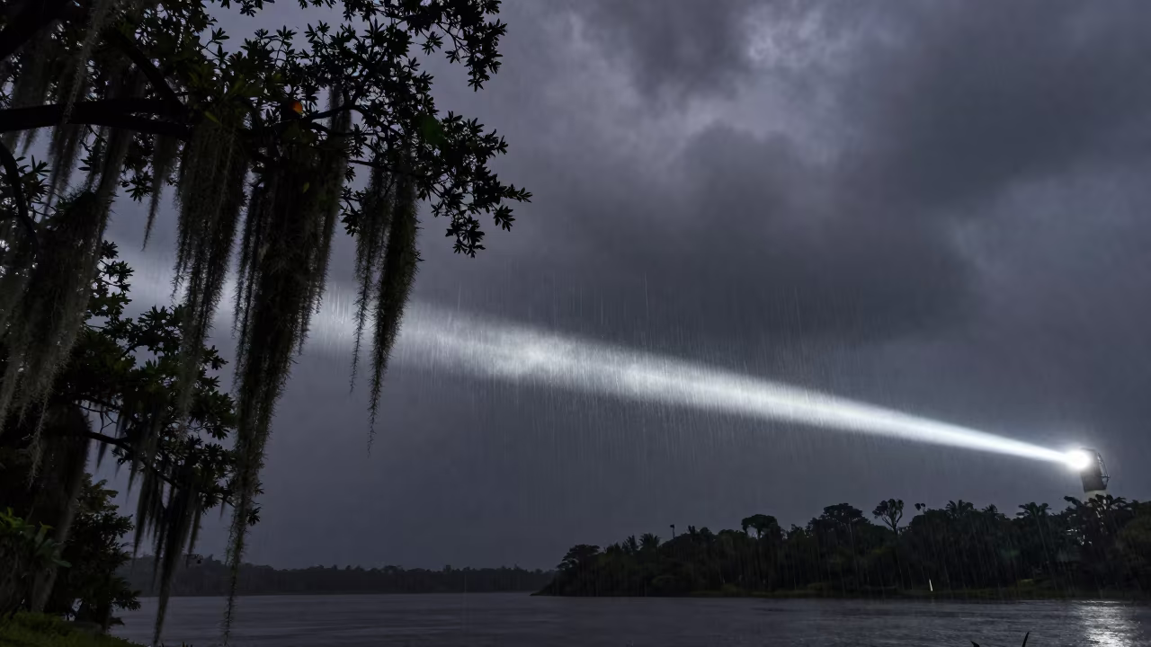 Spanish Moss Swept by Lighthouse Beam in Rainy Night in in Pará