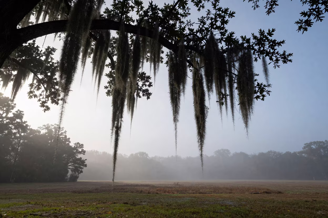 Spanish Moss Live Oak Fog Wisconsin Autumn in across a storm-bright plain in Wisconsin