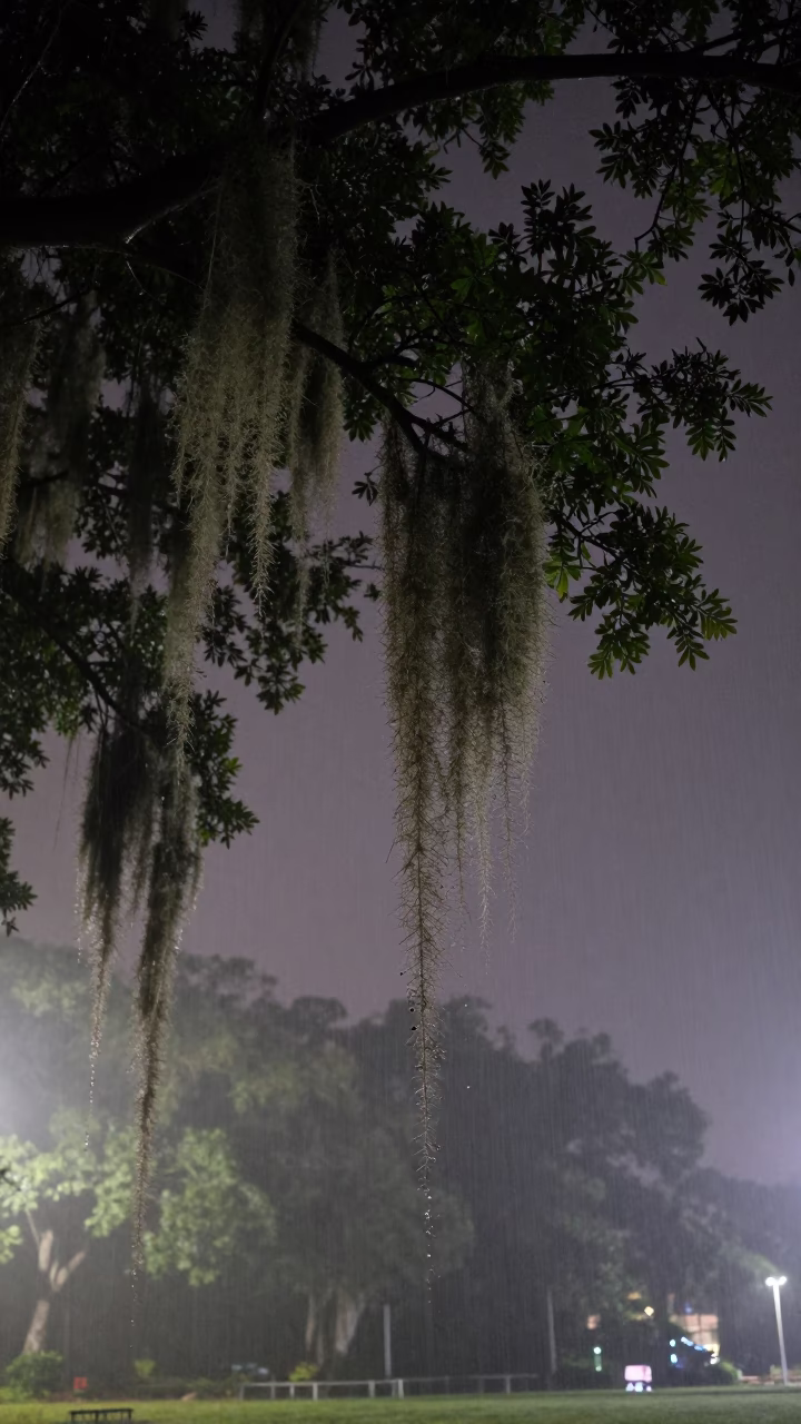 Spanish Moss Hanging from Live Oak in Night Fog in near Guangzhou