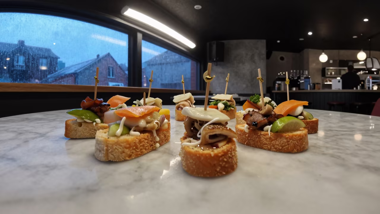 Spanish Pintxos on Cork Marble Before Dawn in on a marble cafe table in Cork