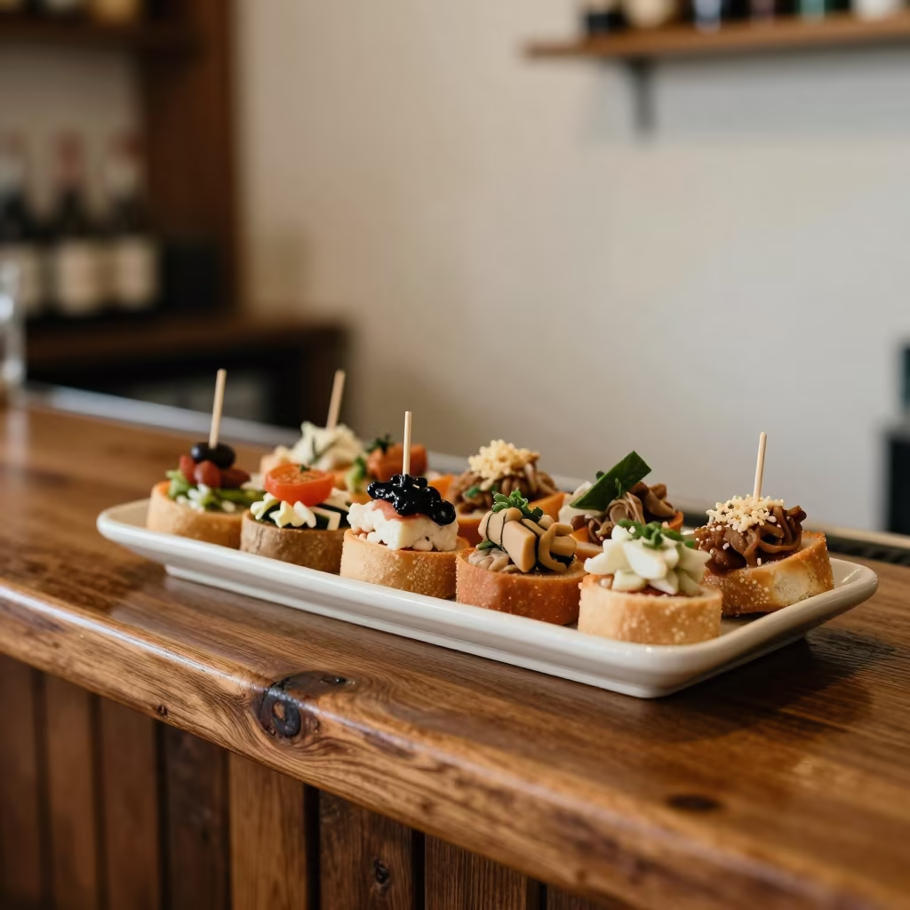 Spanish Pintxos Tray on Rustic Wooden Bar Counter in on a rustic wooden table in El Alto