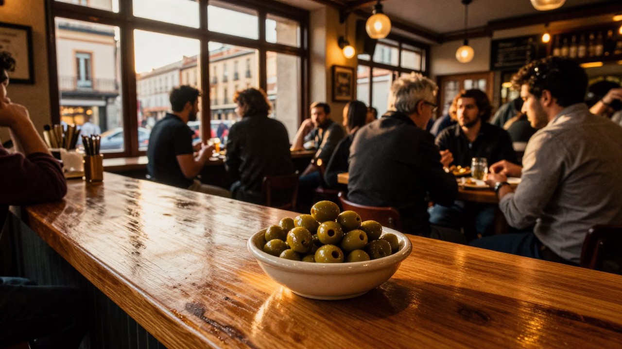 Spanish Tapas Bar Evening Scene with Olives and Coffee Grinder in Madrid in in Madrid, Spain