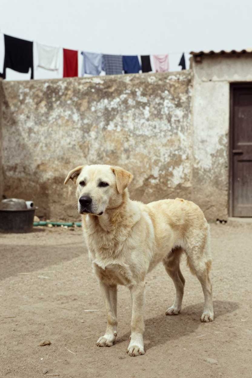 Spanish Water Dog in Mogadishu Courtyard in beside a plain courtyard wall in clear daylight with the animal at eye level in Mogadishu