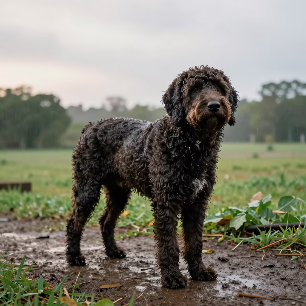 Spanish Water Dog in Portmore Garden Night in near a garden edge with soft morning light and an uncluttered background in Portmore