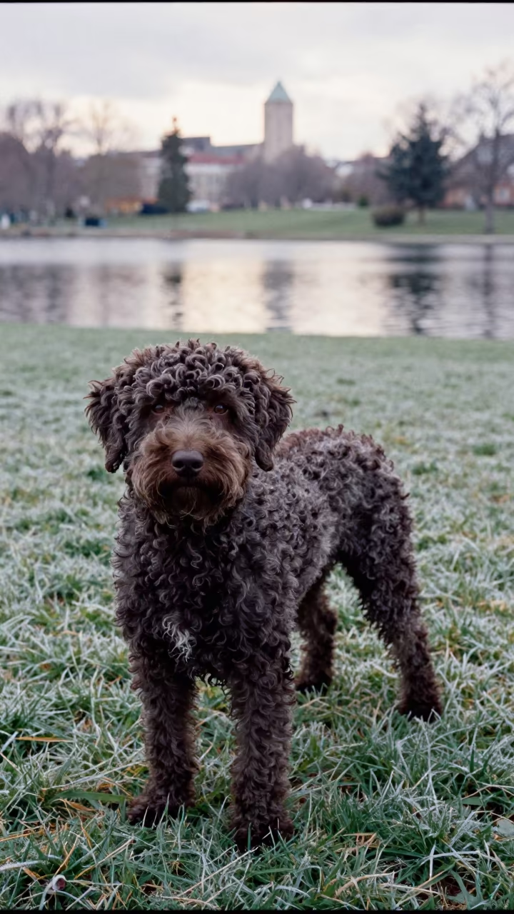 Spanish Water Dog in Winter Park Shade in along a quiet park path with soft open shade and a clean background near Suez